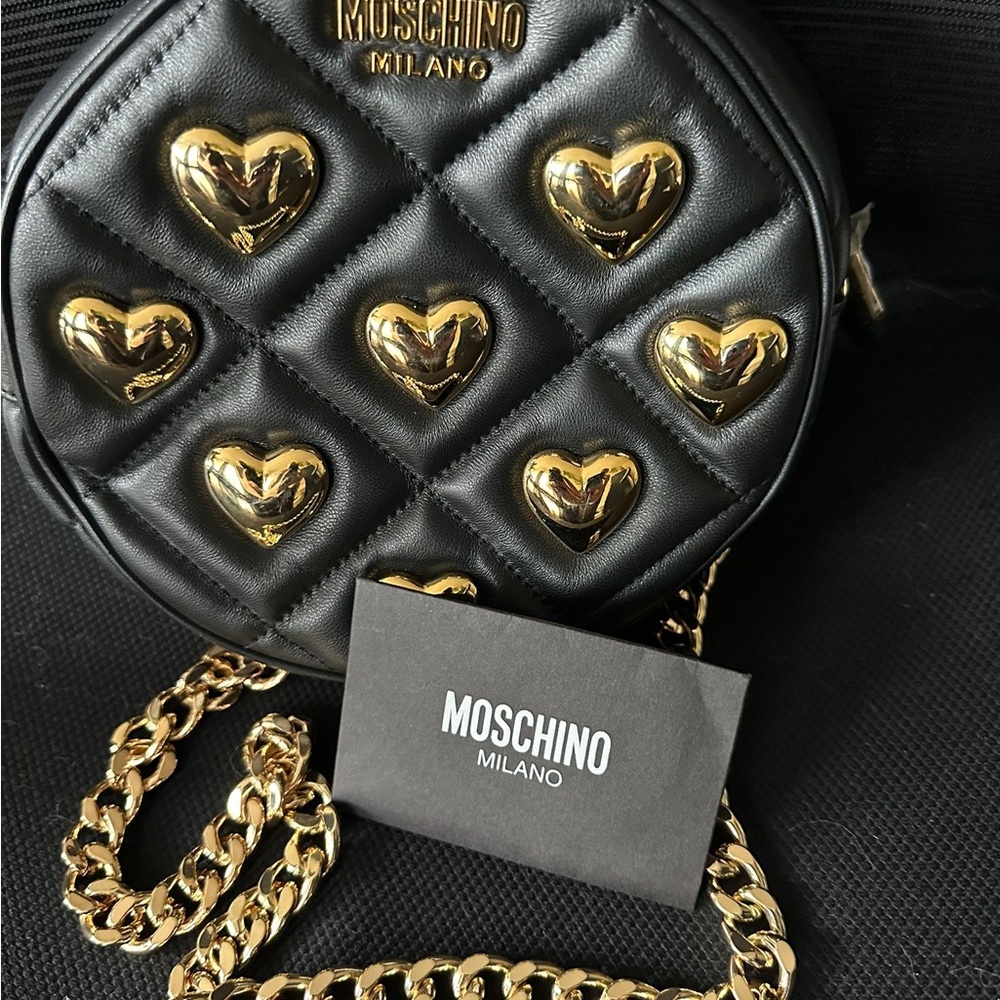 Moschino Quilted Black Mini Bag with Gold Hearts